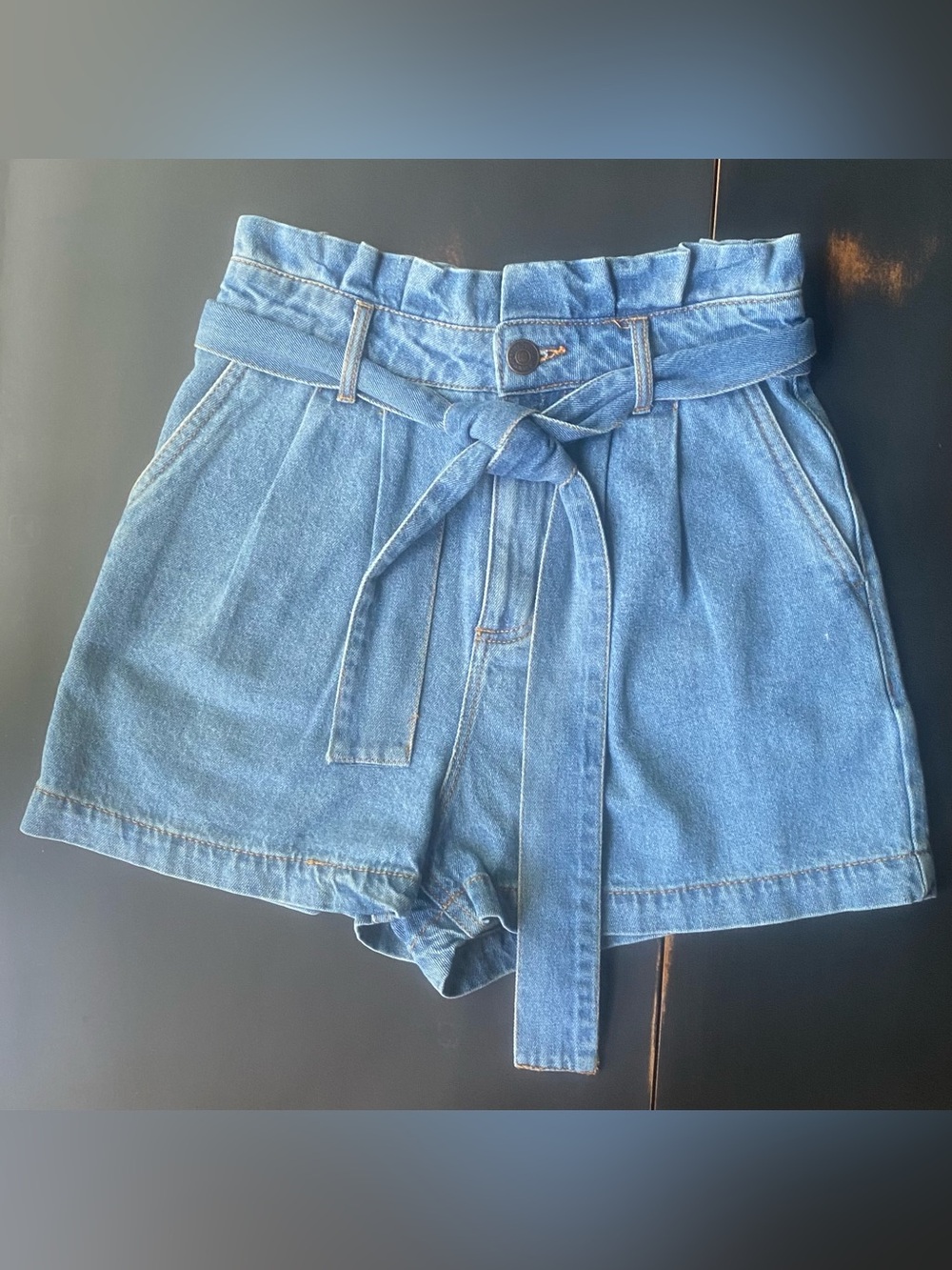 Forever 21 High-Waist Paperbag Denim Shorts with Tie - Light Blue